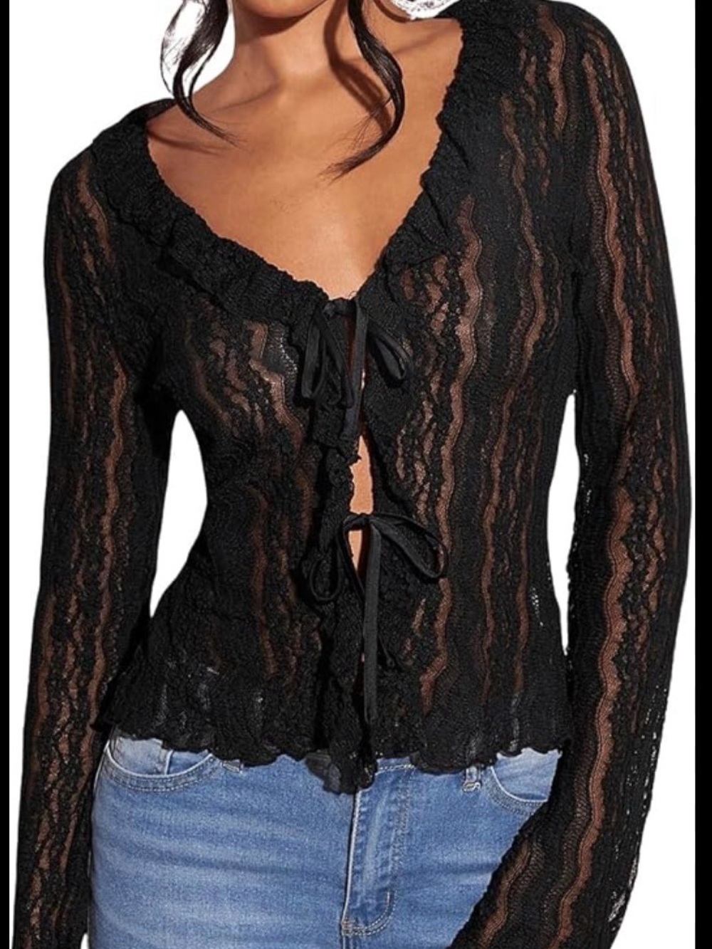 black lace cardigan a tie-front closure and flounce sleeves crinkled knit